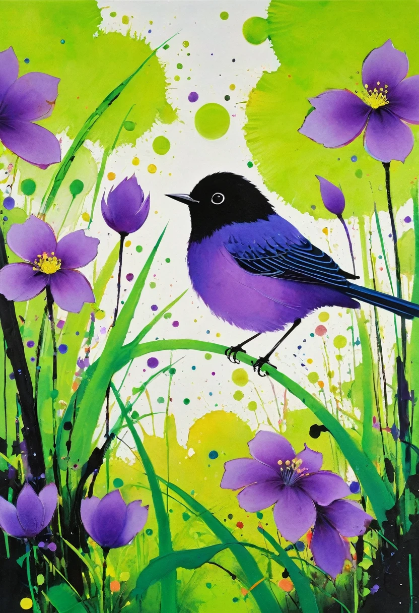 (((Colorful black,Oil stick painting,Volume,Thick coating,Uneven texture,Plaster texture,Graffiti)))。Colorful black,A small bird rests on the water grass, Bright colors的鸟, Purple和, cute的, Bright colors,cute, Lavender Color and Color Schemes, 和Purple的配色方案, Mysterious Birds, Beautiful Art, Purple, Whimsical Art, 和Purple色调, Lime and Violet, Close together,, spring, Inspired by Tomokazu Matsuyama, Delightful
