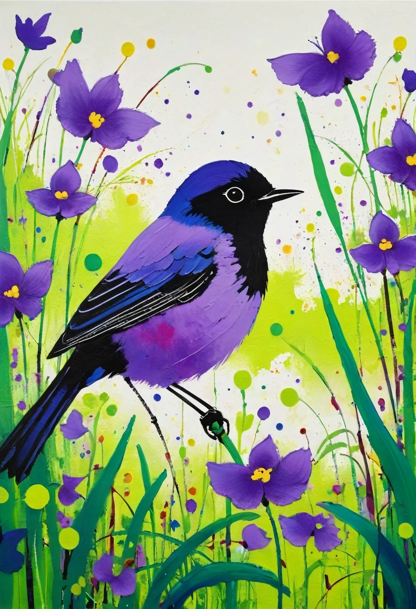 (((Colorful black,Oil stick painting,Volume,Thick coating,Uneven texture,Plaster texture,Graffiti)))。Colorful black,A small bird rests on the water grass, Bright colors的鸟, Purple和, cute的, Bright colors,cute, Lavender Color and Color Schemes, 和Purple的配色方案, Mysterious Birds, Beautiful Art, Purple, Whimsical Art, 和Purple色调, Lime and Violet, Close together,, spring, Inspired by Tomokazu Matsuyama, Delightful