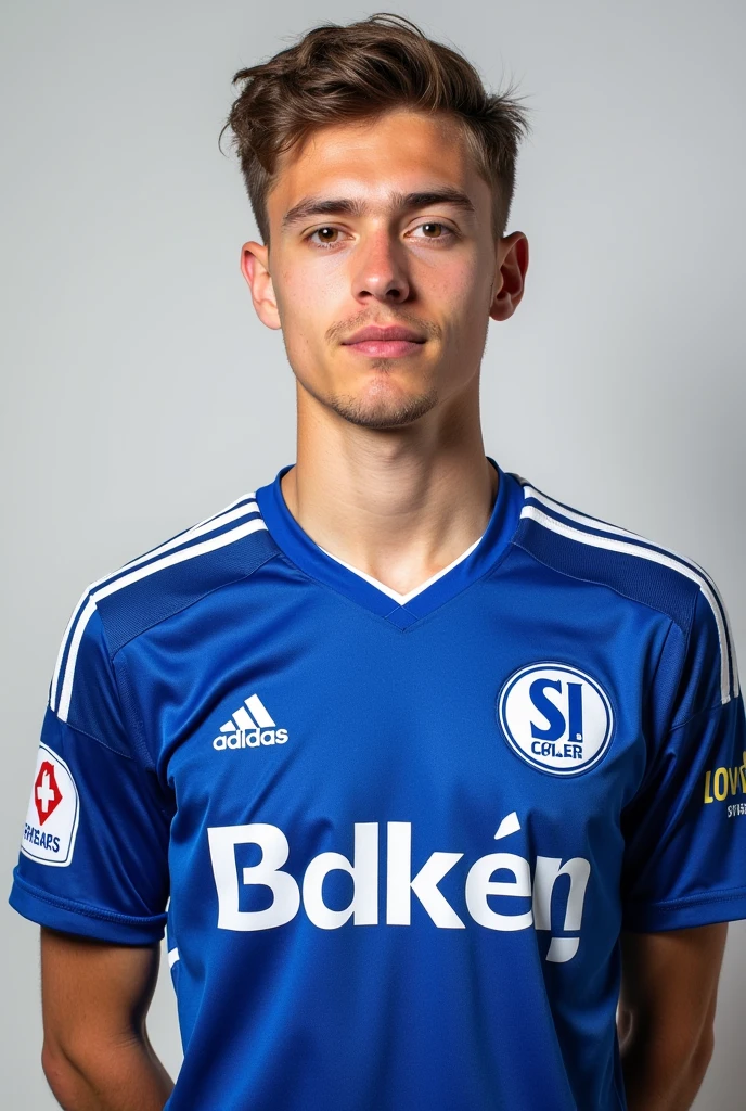 Help me make a half-length photo of the player Luca Netz wearing the Schalke 04 jersey