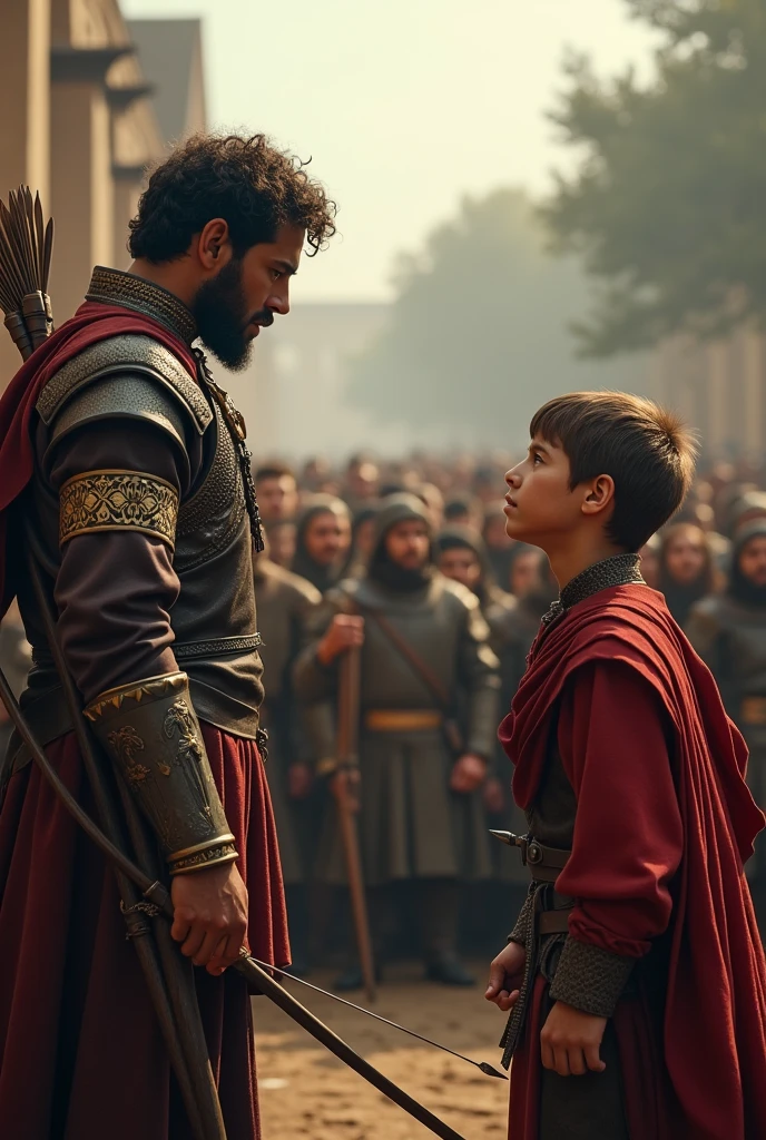 A king's man was pointing a bow at the boy amidst a crowd of witnesses, but the boy felt no fear.