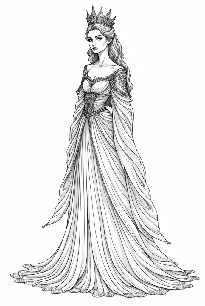 Fantacy Lady queen coloring book pages black and white high details