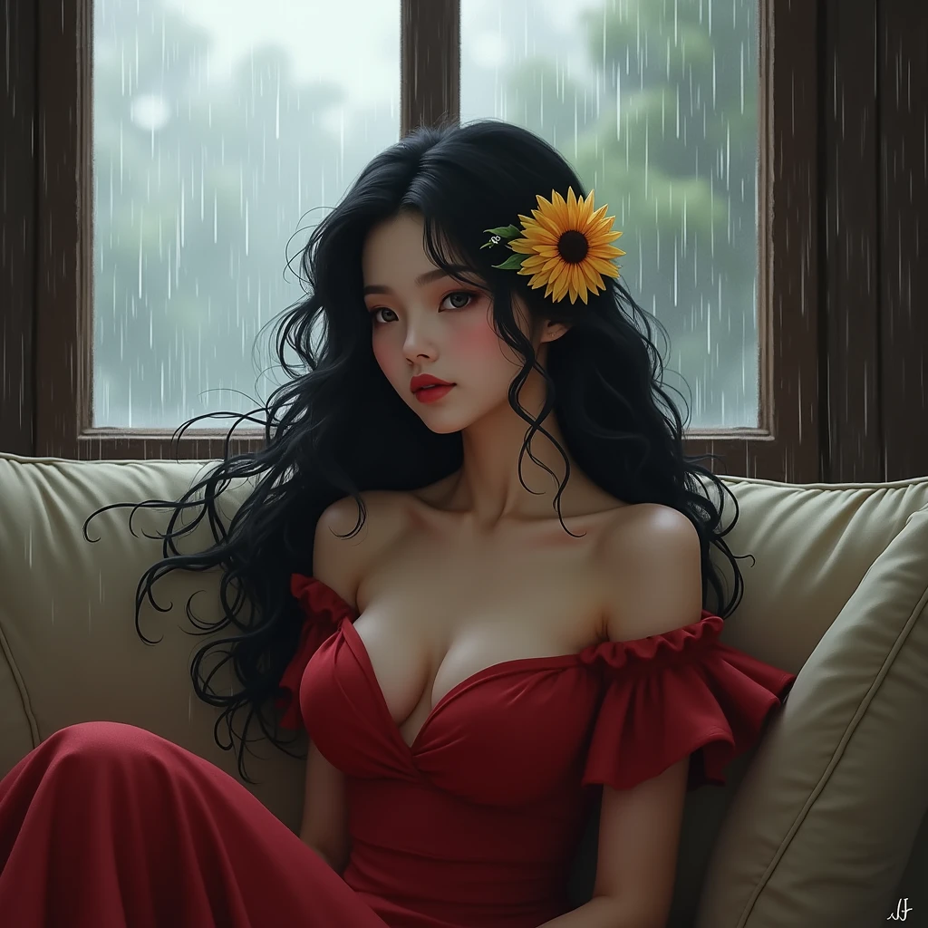 a beautiful woman with long black hair with a sunflower clip and a red dress sitting on a sofa looking out the window while it is raining and a symbol KJ