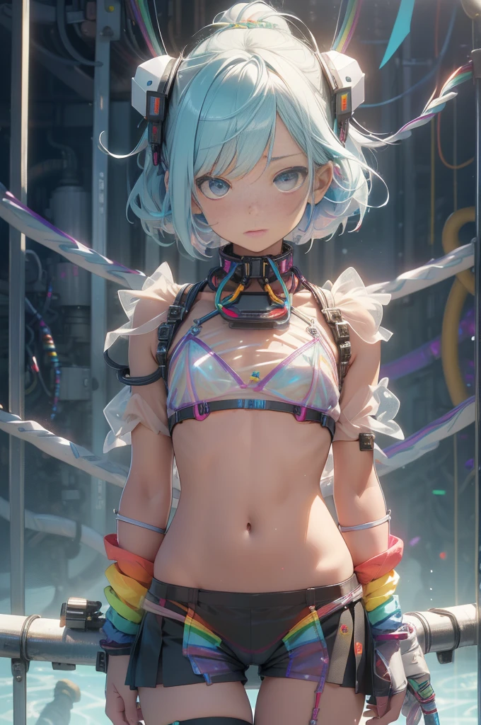 (quality)), ((masterpiece)), Recommendation Results、Puffy nipples、(See through:1.5)、Please stand up straight.、Abdominal muscles、Giant bust、Angle to floor:1.2、Low camera angle、Groin hair removal,hatsune miku,Very detailedな)), (Very detailedなCGイラスト), ((Very delicate and beautiful)),(1. Machine Girl)),alone,Full body white,(Machine made joints:1.2),((White mechanical limbs)),(Rainbow colored blood vessels connected to tubes),(Rainbow-colored mechanical vertebrae attached to his back,Flowing rainbow dots.),((A rainbow is fixed around the neck)),poker face,(Rainbow colored wires and cables attached to his neck:1.2),(Rainbow colored wires and cables on your head:1.2)(Character Focus),,Very detailed,colorful,Most detailed
