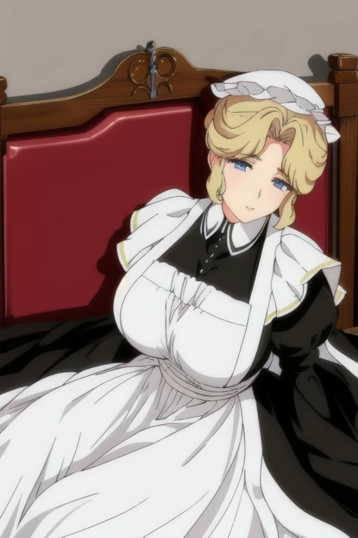 Maria_VM, huge_breasts, standing, solo, VIctorian_Maid_Uniform, masterpiece, best quality, detailed face, detailed eyes, highres, white gloves, long skirt, leaning back, posing, laying down, bed, bedroom
