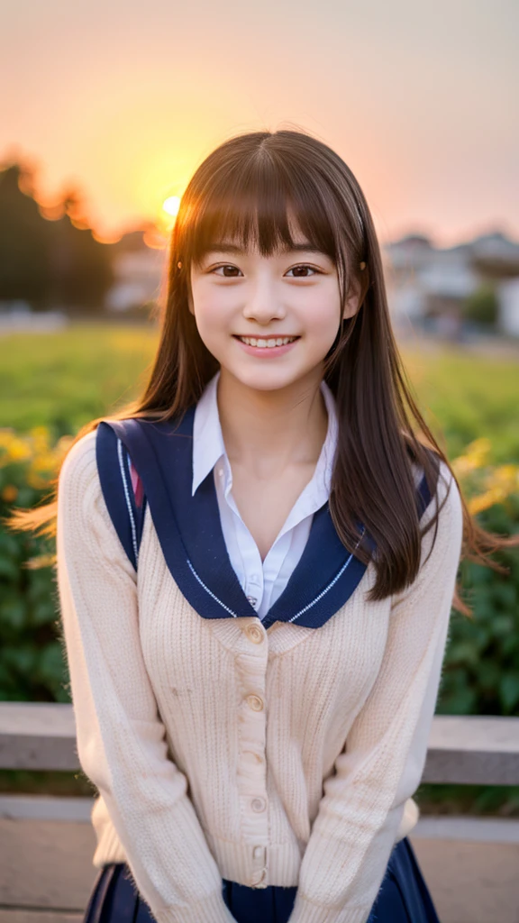 High resolution, masterpiece, 1girl, A very cute face like an idol, Looks like a young face, 18 year old, Gentle and cute, A kind smile, Cleavage, school uniform, schoolyard with beautiful sunset, whole body, RAW Photos, Genuine, live-action, Artistic,
