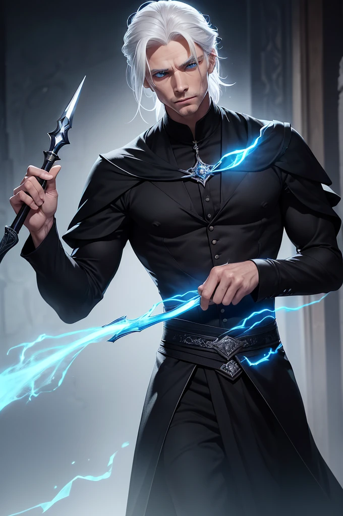 He is a man with blue eyes, a black suit, white hair, medium-length hair tied back, and an average body build. He holds a short staff in his hand. He holds the wand towards the parchment on the table and casts a spell. His entire body can be seen in a dimly lit environment. realistic digital art