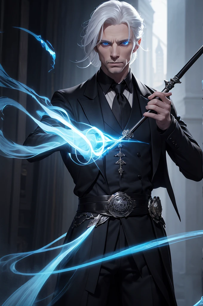 He is a man with blue eyes, a black suit, white hair, medium-length hair tied back, and an average body build. He holds a short staff in his hand. He holds the wand towards the parchment on the table and casts a spell. His entire body can be seen in a dimly lit environment. realistic digital art