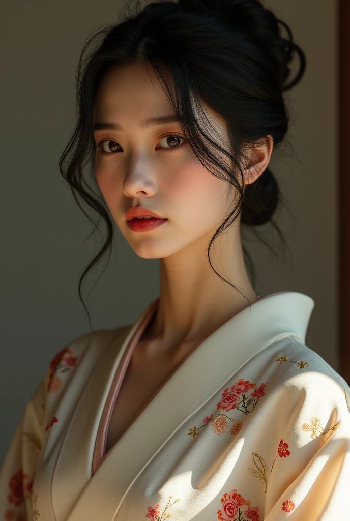 An elegantly dressed Japanese woman in natural light、A close-up of her chest and calm expression.、It shows her inner peace and outer charm.。