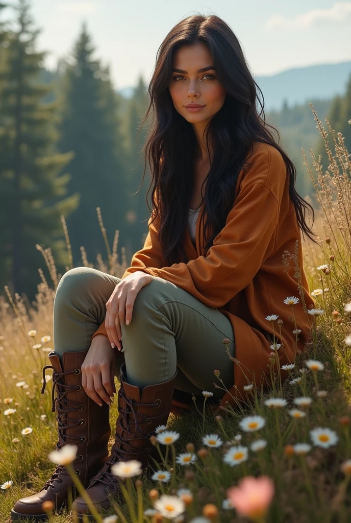 (photorealism:1.2), beautiful european woman, sitting on hill with flowers, clothed in outdoor clothing, straight dark hair, soft lighting, outdoor, forest in background, relaxed pose, realistic, intricate details, warm colors