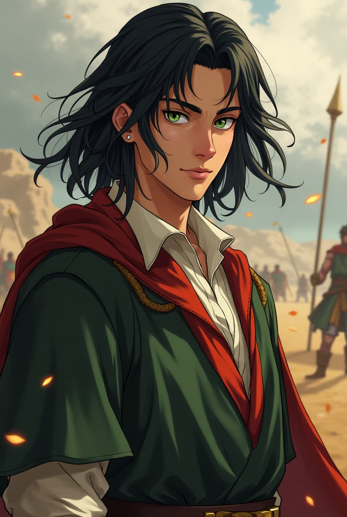 Olive skin, medium length black hair, young man, good looking, Nobleman, green eyes, Antiquity, on a battlefield, mage, anime style