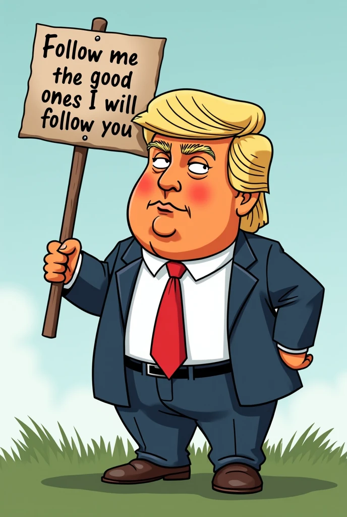 A cartoon of Donald Trump holding a sign that says "Follow me the good ones and I will follow you"