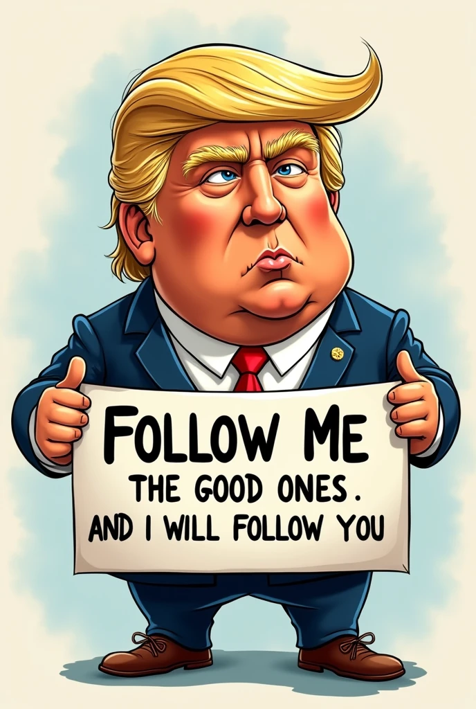 A cartoon of Donald Trump holding a sign that says "Follow me the good ones and I will follow you"