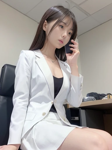 Japanese female, (underweight), (flat chest best quality:1.5), 30 years old,
thinking, (making a call on a smartphone:1.4), (sitting, cross-legged:1.3), facing right, (white business suit, white skirt), with a smartphone, in the office, cowboy shot, from below