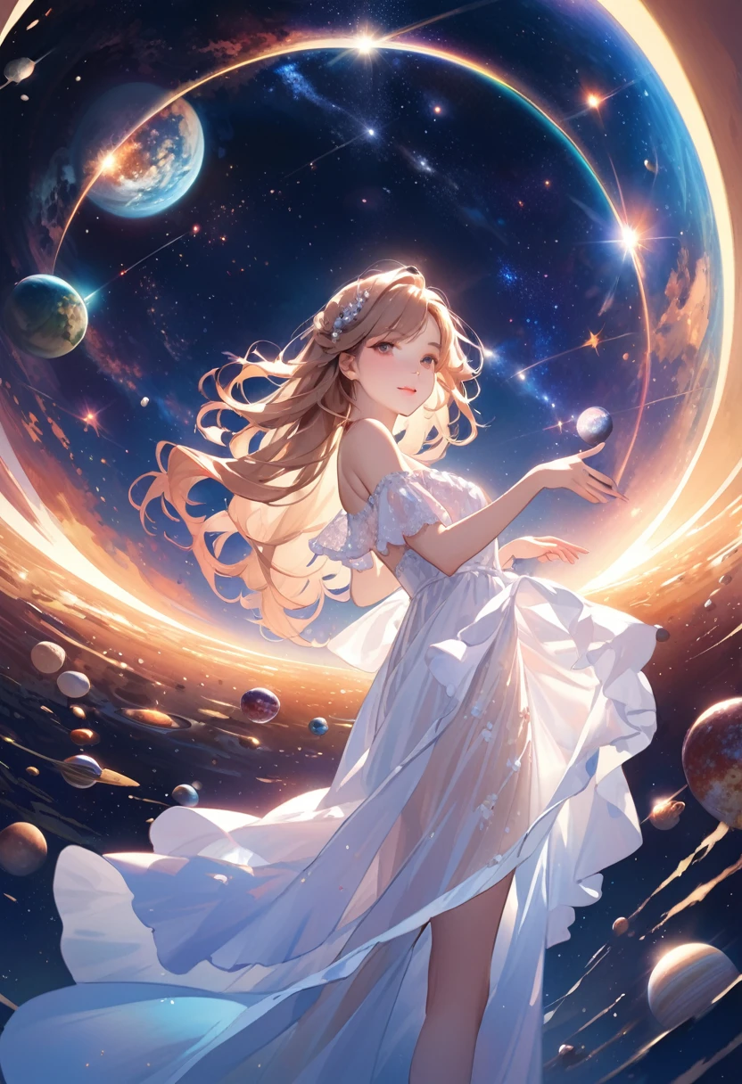Highest quality、High resolution、Detailed Background、Beautiful face in every detail、Detailed facial expressions、Teenage beauty、Cute hair colour、Wavy Hairstyle、Perfect body line、Late Night、white lace nightdress、very beautiful、 A spectacular sight of the universe disappearing、star々are disappearing one by one、The light and darkness are disappearing、(A beautiful girl looking at the end of the universe:1.5)