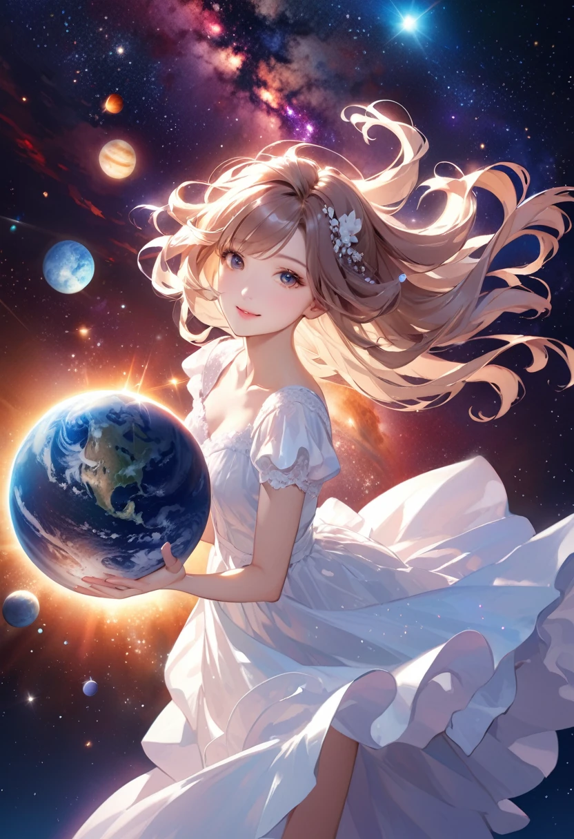 Highest quality、High resolution、Detailed Background、Beautiful face in every detail、Detailed facial expressions、Teenage beauty、Cute hair colour、Wavy Hairstyle、Perfect body line、Late Night、white lace nightdress、very beautiful、 A spectacular sight of the universe disappearing、star々are disappearing one by one、The light and darkness are disappearing、(A beautiful girl looking at the end of the universe:1.5)