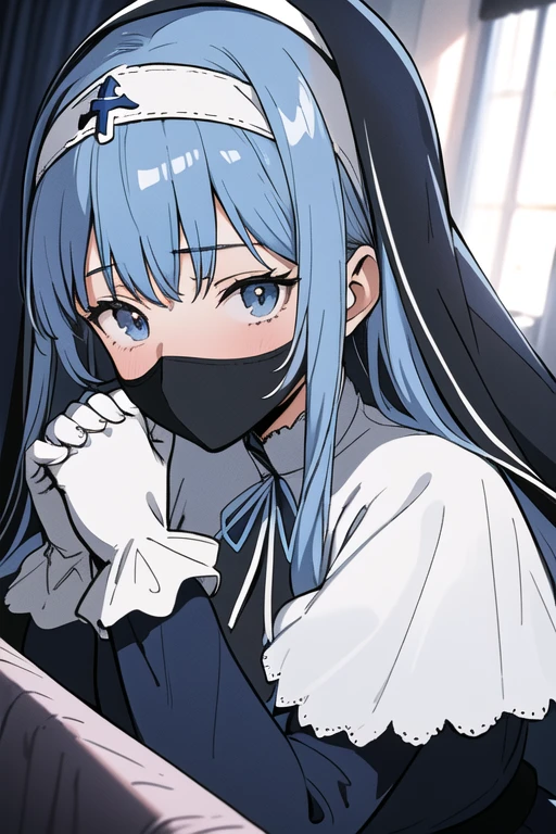 Mature women, nun, blue nun outfit, puffy sleeves, blue cape ,blue long skirt, white gloves, long deep black veil, vail cover her face,(look at viewer), vail covered face, (perfect skin),(no emotion ), anime, room, bedroom, laying down 