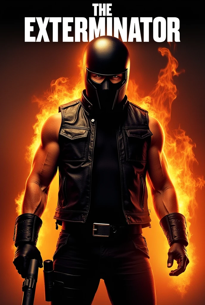 Movie Poster, title logo "The Exterminator", a man, full-face helmet, sleeveless black leather jacket, flamethrower, 