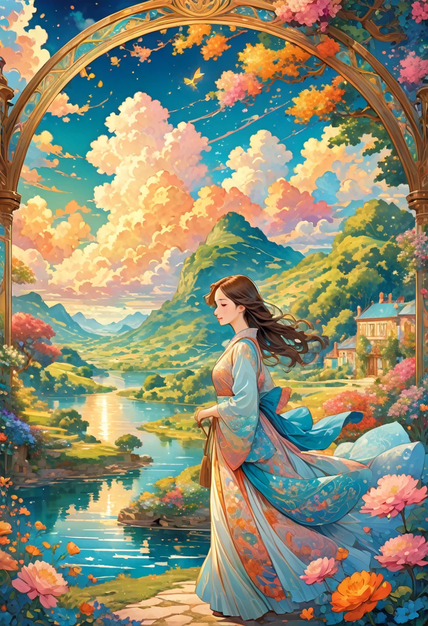 masterpiece, best quality, novel illustration, highres, 12-page spread, vibrant colors, stunning detail, gorgeous designs, evoke emotions, magical world, whimsical scenes, charming characters, lush landscape, flowing clouds, vivid imagination, enchanting atmosphere, mesmerizing scenery, dreamlike fantasy, imaginative tale, captivating storytelling, beautiful page layout, perfect composition, art nouveau style, elegant lines, intricate patterns, exquisite finesse, delicate touches, sensual allurement, romantic ambiance, intimate moments,