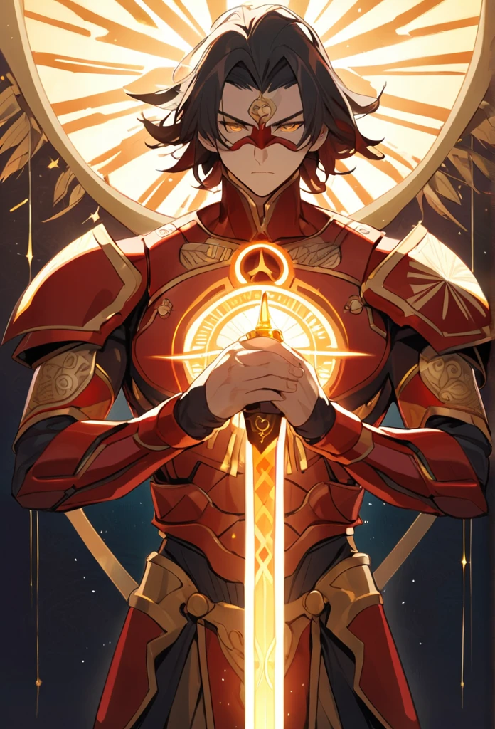 Saito:Height: 1,8 meters.hair: black and short.body: robust, but not fat.tattoo: He has a tattoo on one of his arms.facial expression: serious. Golden Wings of Light.gold eyes.Mask that covers the lower half of the face.Golden light sword in one of his hands.Red armor with orange details, with symbols related to the sun on it.Symbolism of the sun behind him.