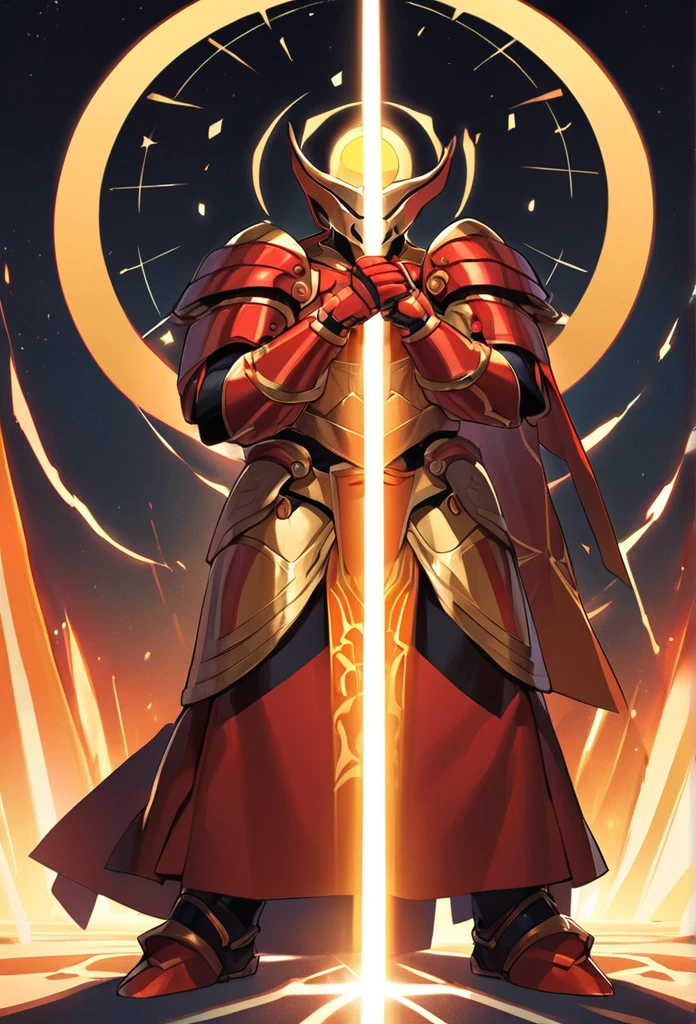 Saito:Height: 1,8 meters.hair: black and short.body: robust, but not fat.tattoo: He has a tattoo on one of his arms.facial expression: serious. Golden Wings of Light.gold eyes.Mask that covers the lower half of the face.Golden light sword in one of his hands.Red armor with orange details, with symbols related to the sun on it.Symbolism of the sun behind him.