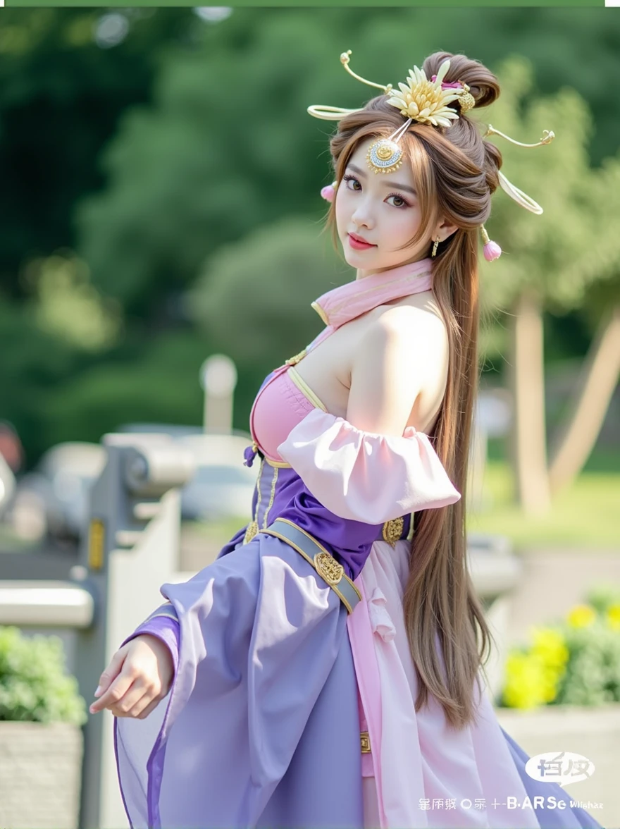 (masterpiece, best quality, 8k, (raw photo:1.2),((photorealistic)), ultra-detailed, highres, extremely detailed), Photo of a attractive woman in diaochan cosplay costume, Kings Impact Diao Chan Cosplay Costume, moderately large breasts, lotus detail, crown with accessories, hair stick, luxury, aristocracy, royalty, (delicate, gentle pose), pose for photo, (((beautiful eyes))), meticulous makeup, curled eyelashes, ((looking at viewer)), light smile, no background, professional photographer studio lighting, (cosplay character game), ((((((full body))))), (((wide angle))), three of kingdoms, diaochan, the wind makes the hair fly, (((the brown hair is thick, long and fluttering))), ((photo-realistic skin with visible pores and blemishes))