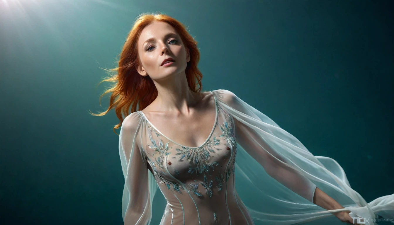 Golden bioluminescent small 45 year old woman, light red hair,"(Slim figure)" super transparent, holy light, beautiful spectral light, (detailed Beautiful face), intricate, realistic, studio quality, cinematic, digital photorealistic,
Radiating golden light, (White Silk satin dress) light streaming in, optics, realism, Standing, made of Orange| Green|crimson|purple smoke dark blue|Black Gloss background, (((accurate female anatomy, perfect eyes))) (teal gradient_background)she has red butterflys flying all around her, she is looking with amazment,