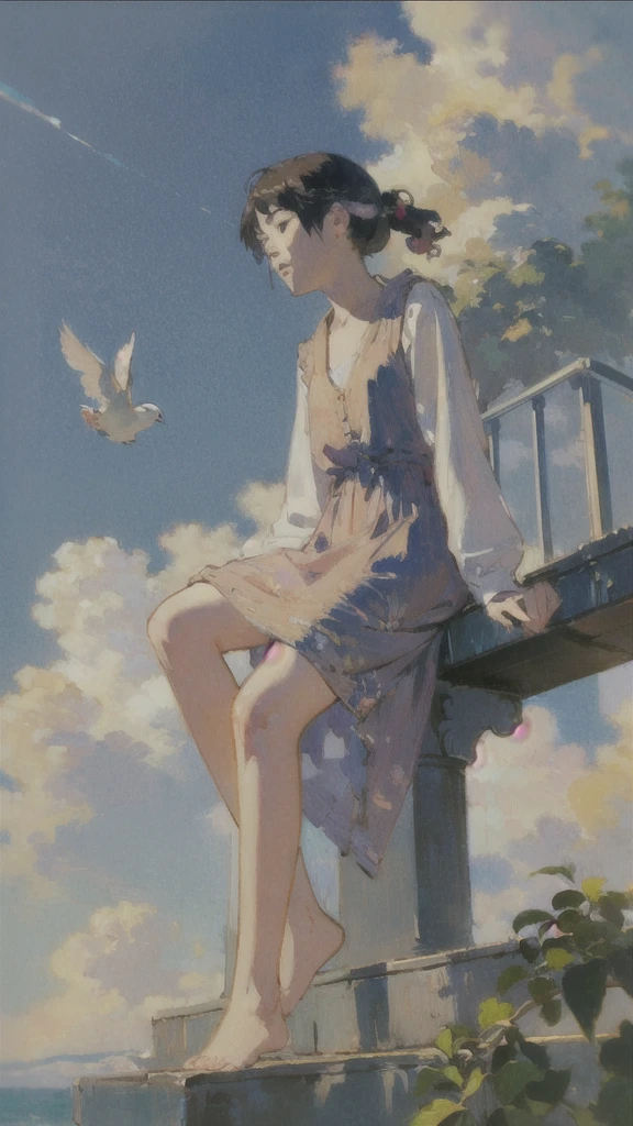 (1girl sitting on stairway to heaven), above the clouds, seas of clouds, ascending, ethereal, peaceful, graceful, innocent, hopeful, pure, dove,
post-impressionist, impressionism,