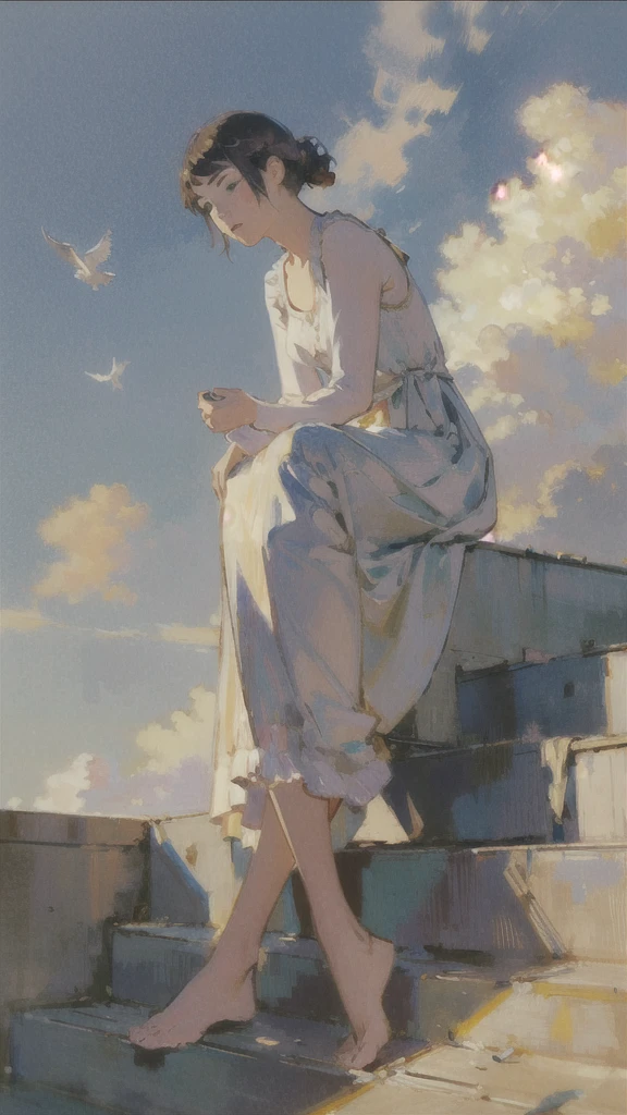 (1girl sitting on stairway to heaven), above the clouds, seas of clouds, ascending, ethereal, peaceful, graceful, innocent, hopeful, pure, dove,
post-impressionist, impressionism,