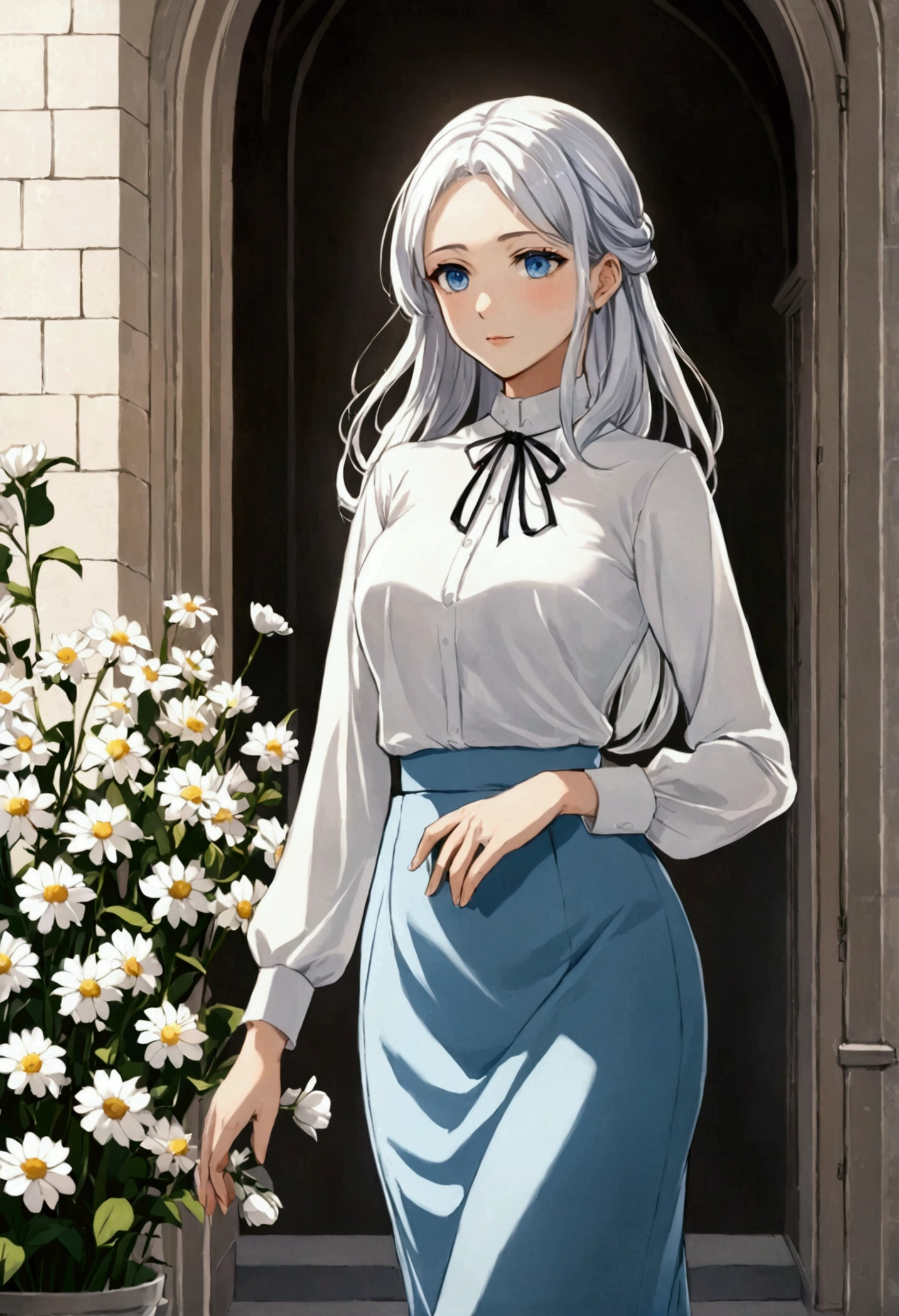 anime style, adult, friendly, blue eyes, long platinum hair, modest outfit, elegant style, slim body, classic outfit, white blouse, midi skirt, elegant, flowers, sunlight.