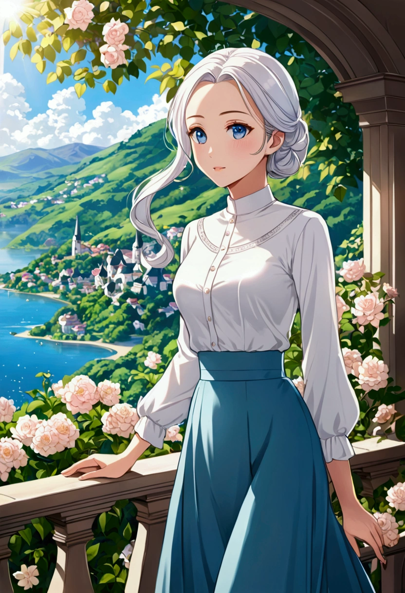 anime style, adult, friendly, blue eyes, long platinum hair, modest outfit, elegant style, slim body, classic outfit, white blouse, midi skirt, elegant, flowers, sunlight.