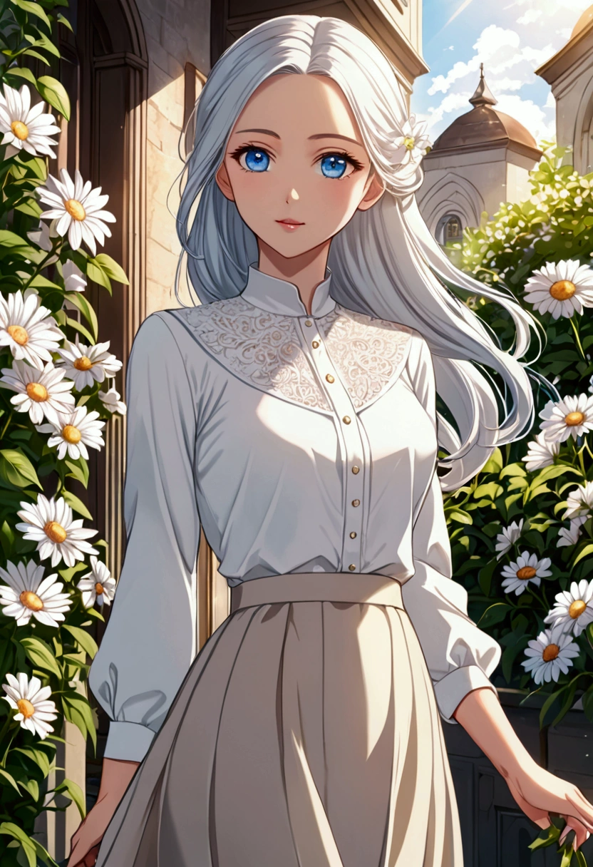 anime style, adult, friendly, blue eyes, long platinum hair, modest outfit, elegant style, slim body, classic outfit, white blouse, midi skirt, elegant, flowers, sunlight.