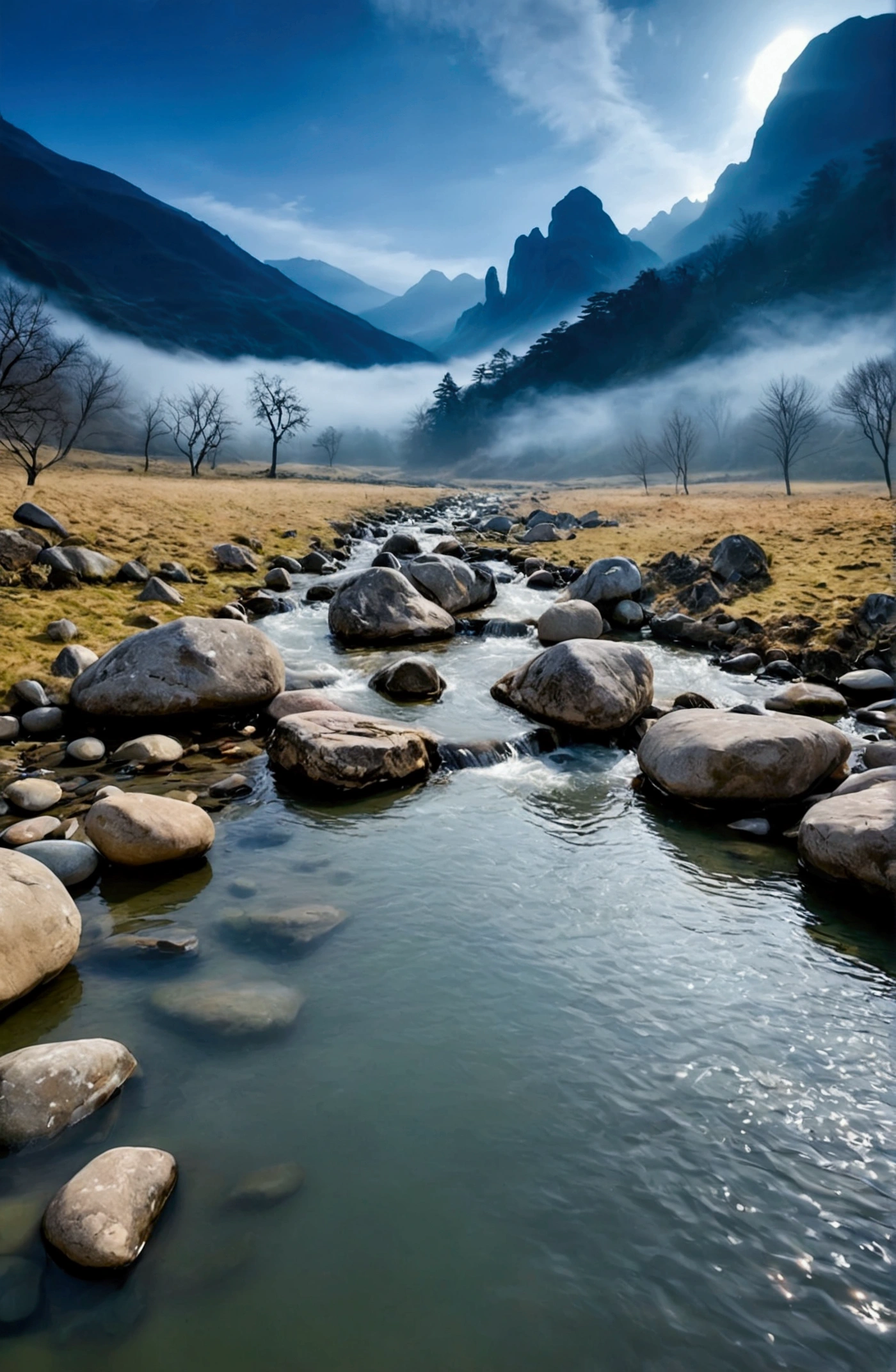 Stream water is clear and transparent,The stones in the stream are smaller,The whole picture is surrounded by clouds and mist,There are several bare rock mountains behind,Clouds and mist,Spectacular