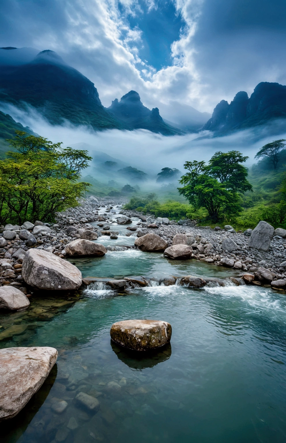 Stream water is clear and transparent，The stones in the stream are smaller，The whole picture is surrounded by clouds and mist，There are several bare rock mountains behind,Clouds and mist，Spectacular
