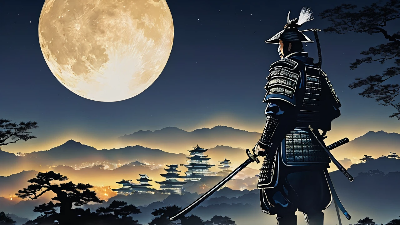 Illuminated by a moonlit night、１Standing Sengoku Samurai