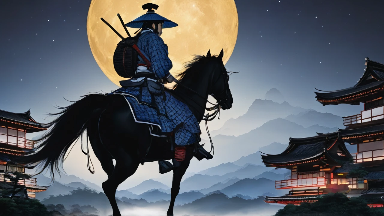 Illuminated by a moonlit night、１Standing Sengoku Samurai