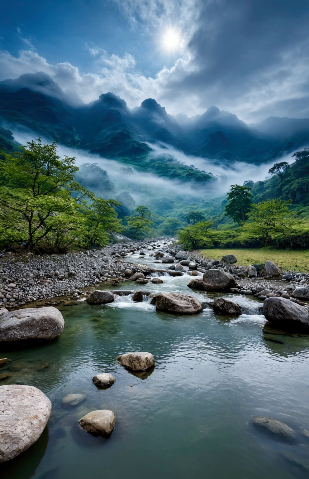 Stream water is clear and transparent，The stones in the stream are smaller，The whole picture is surrounded by clouds and mist，There are several bare rock mountains behind,Clouds and mist，Spectacular
