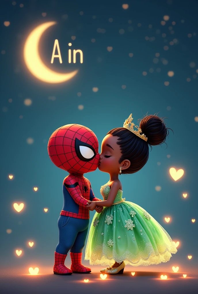 Tiana in a green princess dress with diamonds decorating her dress kissing Spiderman but the image must be chibi and cute and the background must be night with the moon and many stars like Evangeline who appears in the movie, There should be little hearts around the couple that light them up and the initial comes out "A" and the initial " in " in some upper corner with nice handwriting