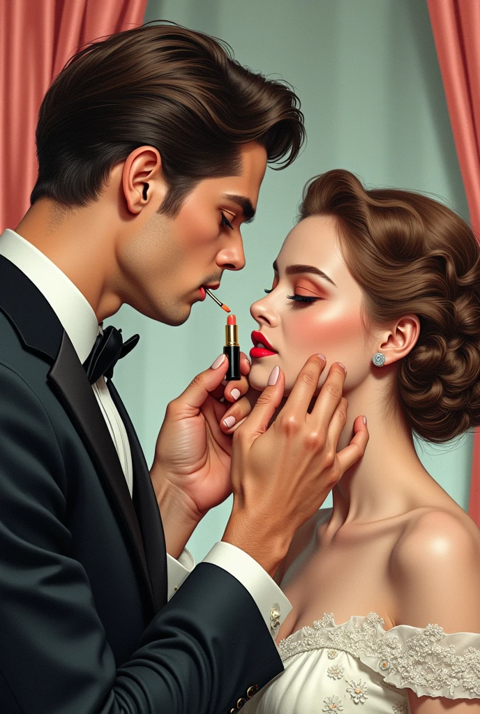 man applying lipstick on a girl drawing