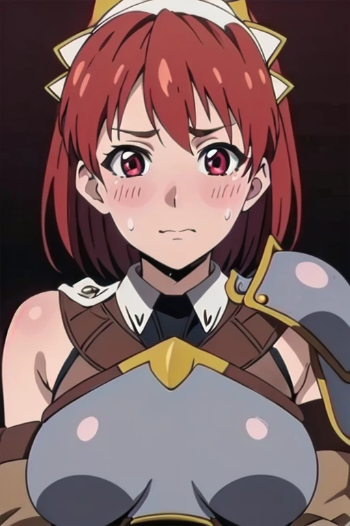 Cecily Campbell, big breasts, armor, breastplate, red hair, red eyes, 1girl, solo, looking at the viewer, upper body, (aroused facial expression), blush, sweat, (simple dark background)