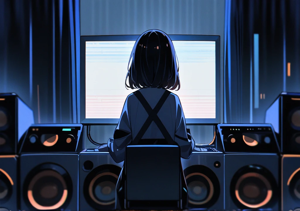 One girl, solo, Electric guitar、Dark Room、computer、Waveform Screen、Back view、speaker、Closed curtains