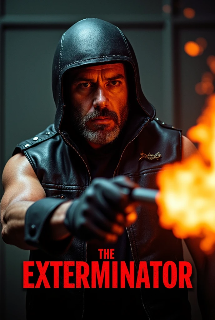Movie Poster, title logo "The Exterminator", a man, full-face helmet, sleeveless black leather jacket, flamethrower,