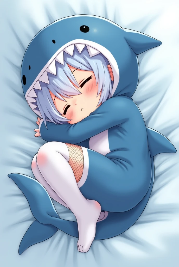A anime-style boy dressed in a cute shark costume, garbed in soft shades of blue, hes has on thigh highs, fishnets and he has a shark tail and ears . He is portrayed sleeping