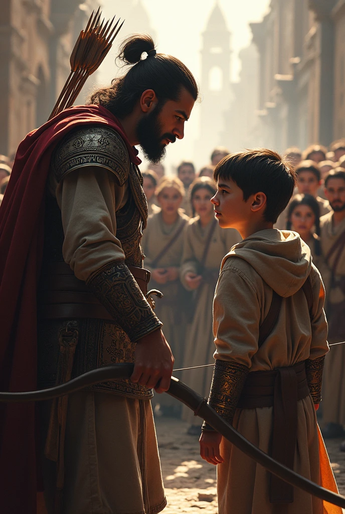 A king's man was aiming his bow intently to kill the boy amidst a crowd of witnesses, but the boy felt no fear.
