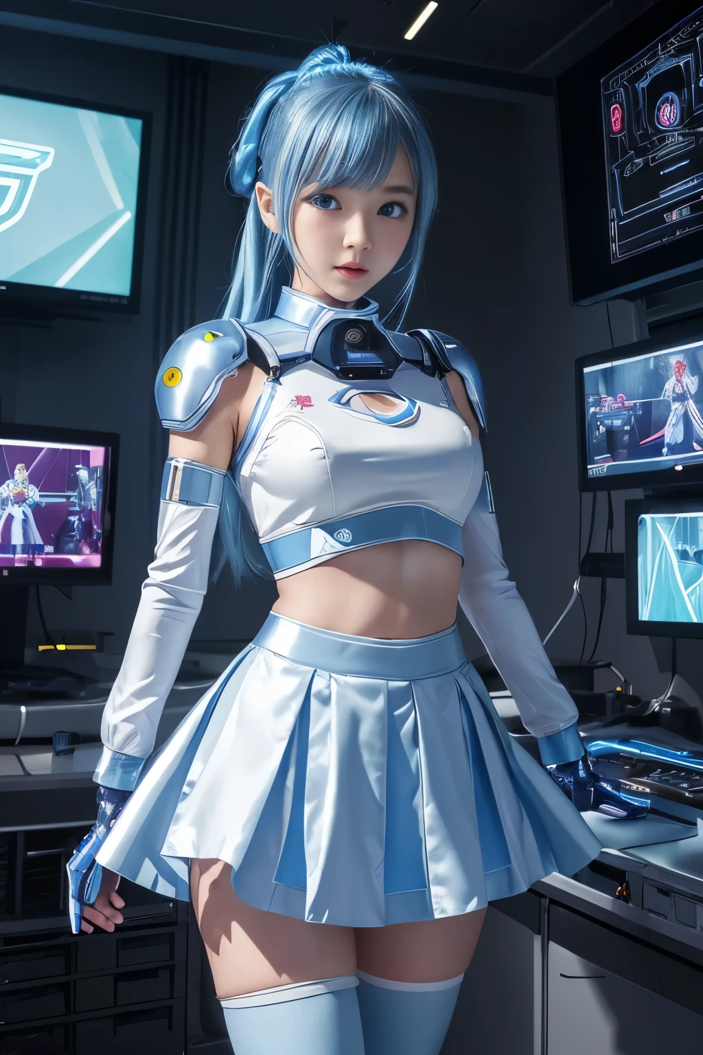 (Highest quality, High resolution, masterpiece:1.2), Very detailed, Realistic:1.37, (Perfect Anatomy),1 girl, actress, Cowboy Shot, Cute and beautiful young Japanese girls,Very cute face, (Transform into a Cyber Super Android),Standing posture,Laughter,(blue led eyes:1.2),Beautiful Skin,Slender body,,(Futuristic Cute, Shiny, form-fitting satin serafuku and skirt for cyber heroines in white and light blue), Attractive idol makeup,A Japanese middle school girl with blue hair tied up，Cute pose,The background is the interior of a cyborg operating room and a monitor screen.,sf,sci-fi