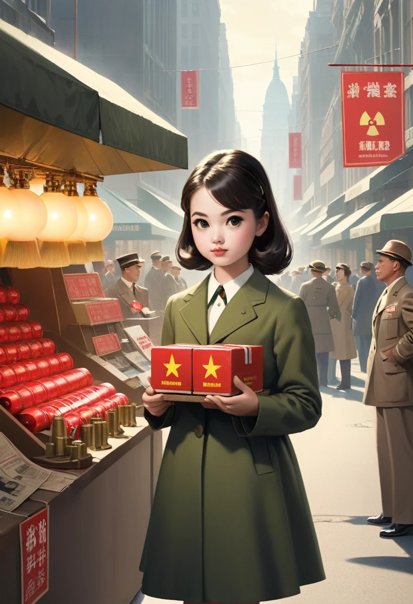 A cute girl selling nuclear bombs，front，Vintage portrait，A source of inspiration：Mark Leighton