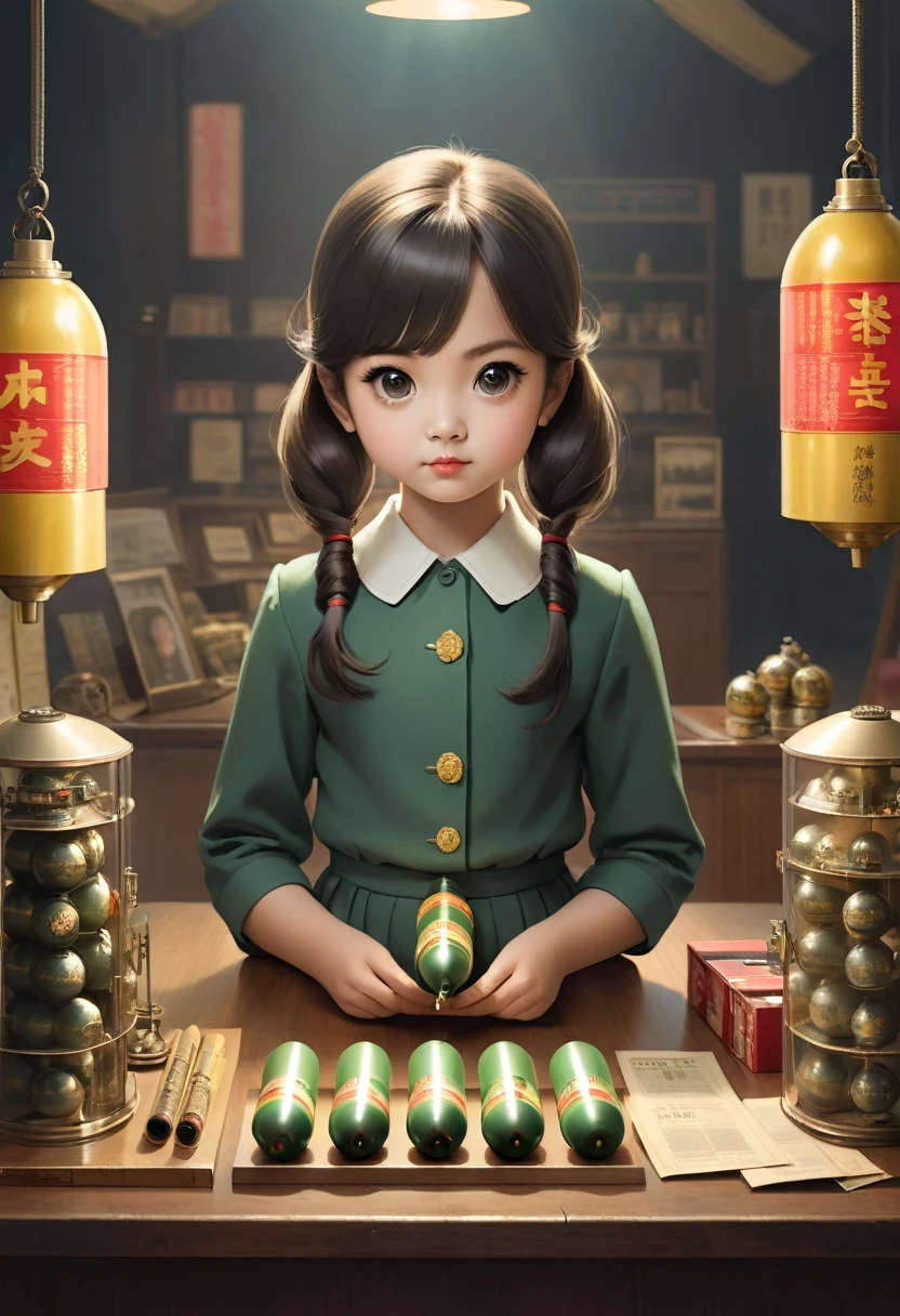 A cute girl selling nuclear bombs,front,Vintage portrait,A source of inspiration:Mark Leighton