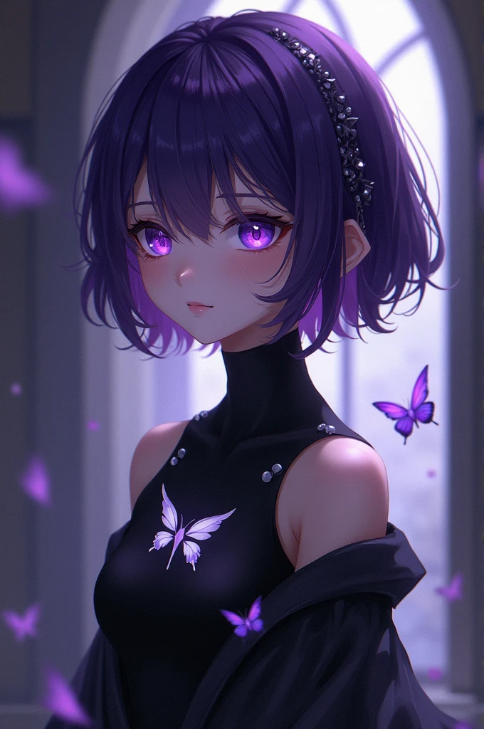 A girl from anime that have short raven to purple hair and wear black clothes with white butterfly pattern and have a purple eye
