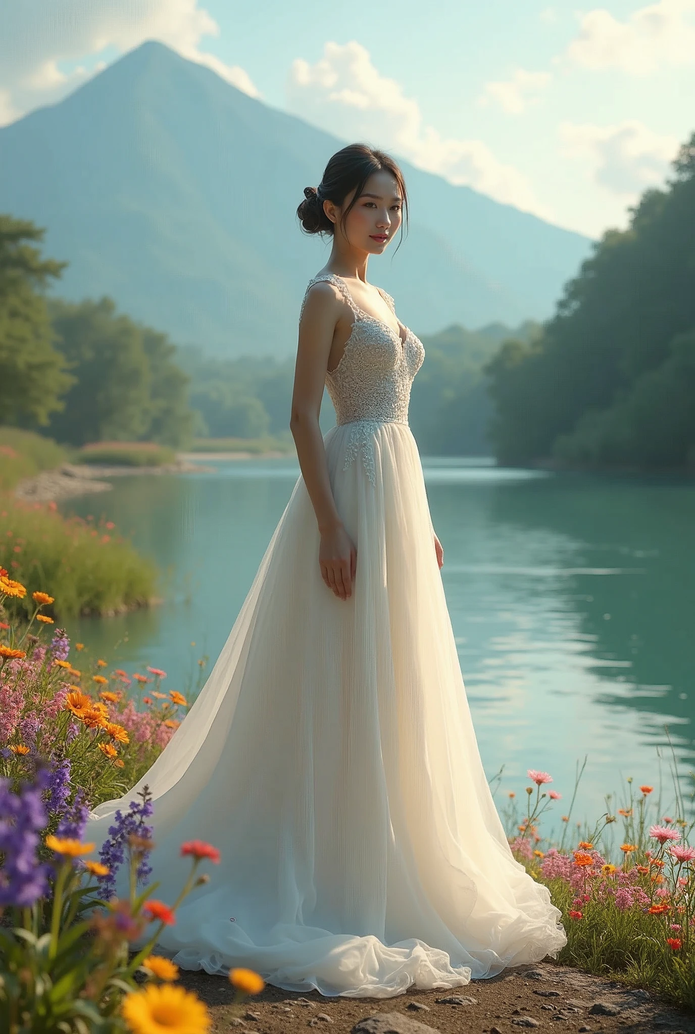 a vietnamese girl, wearing a wedding dress, white wedding dress, hot body, slim waist, big breasts, standing by the river, at her feet are colorful flowers, purple, pink, yellow, red, in the distance is a mountain, with the sunlight shining on the mountain, blue clouds swirling around the mountain, yellow sunlight dyeing the river, green, flowers, beautiful, idyllic, wonderful, absurd, surreal, textured, maximum detail, dslr, transparent clothes, masterpiece, best quality: 1.2),, (8k, high resolution, RAW image, realistic, true to life: 1.3), (detailed skin texture, detailed fabric texture, detailed water, detailed body texture, beautiful detailed face: 1.25), professional lighting, photon mapping, beautiful soft light, radiation, physically based rendering, ray tracing, model shooting style, model shooting style, (CG unity background 8k ultra-detail), full body photo of the world's most beautiful artwork, (8k, high resolution, RAW image, realistic, photorealistic: 1.3), (detailed skin texture, detailed cloth texture, detailed water, detailed trees, detailed textured flowers, detailed leaves, detailed colors, beautifully detailed faces: 1.25), professional lighting, photon mapping, beautiful soft light, brightness, physically based rendering, ray tracing, model shooting style, model shooting style, (Unity's 8k ultra-detailed CG background), the world's most beautiful full body photo,