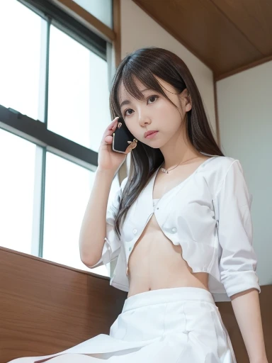Japanese female, (underweight), (flat chest best quality:1.5), 30 years old,
thinking, (making a call on a smartphone:1.4), (sitting), (cross-legged:1.5), facing right, (white business suit, white skirt), with a smartphone, in the office, cowboy shot, from below