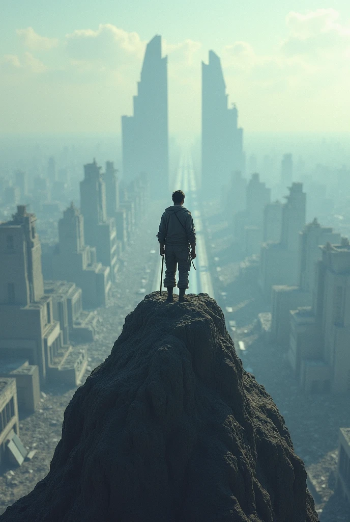 Alone in the world on a mountain overlooking the sprawling destroyed city 